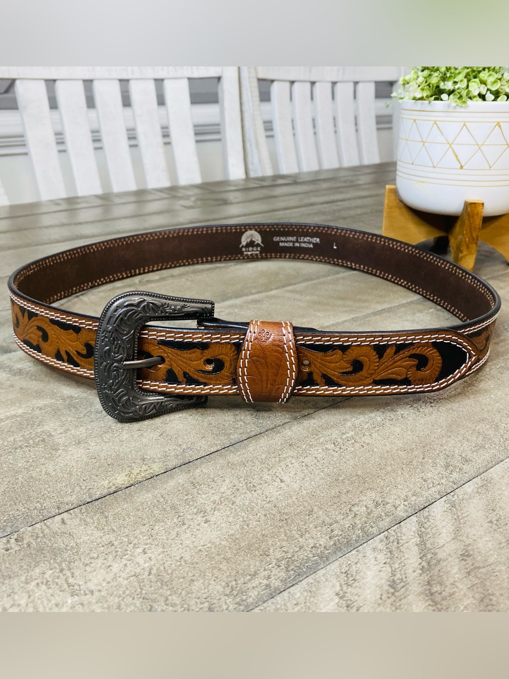Ridge Western Leather Belt Hand Tooled Floral Brown Two Tone Engraved Buckle L